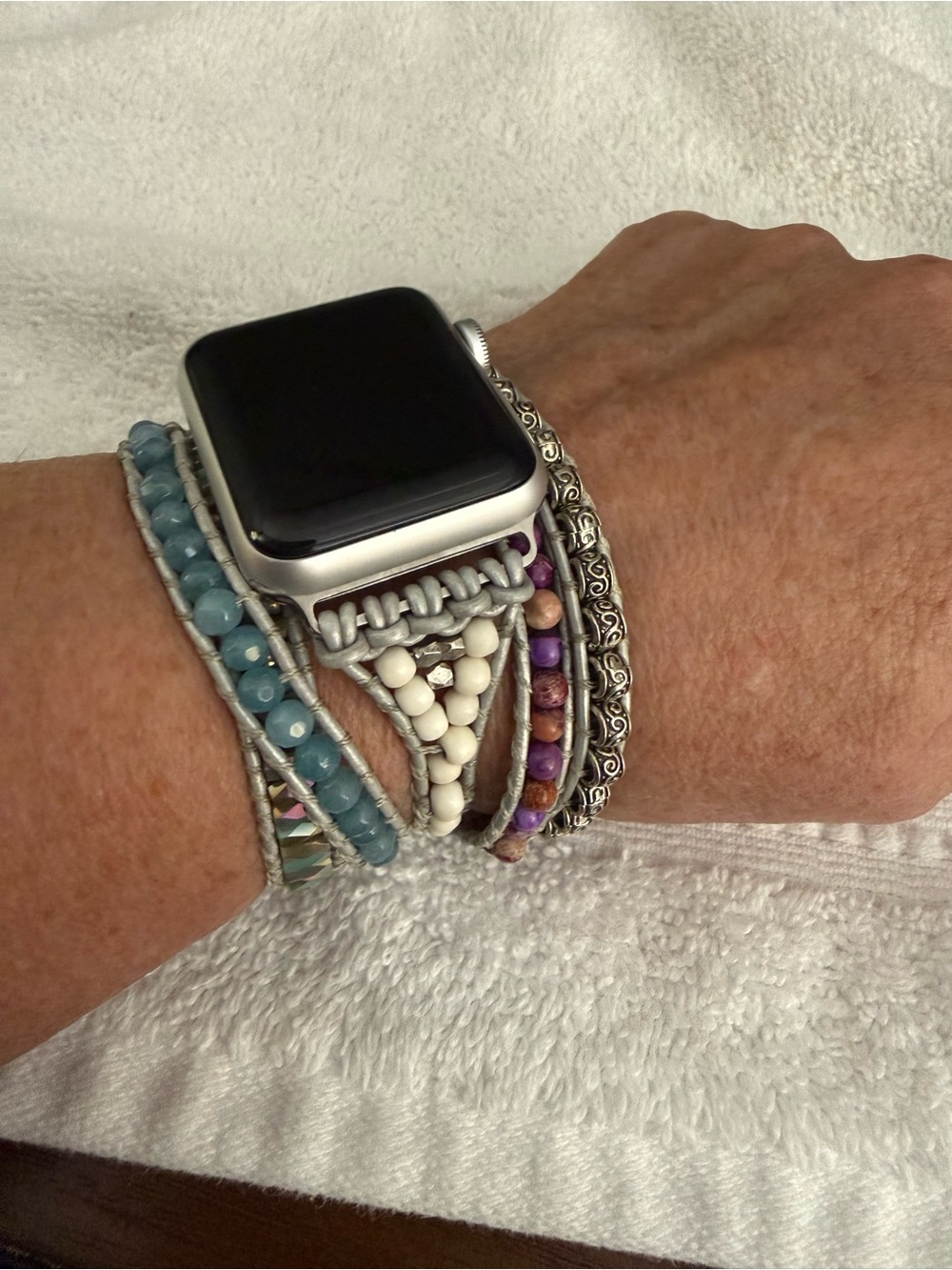 Beaded Wrap Watch Band in Blue, White & Purple